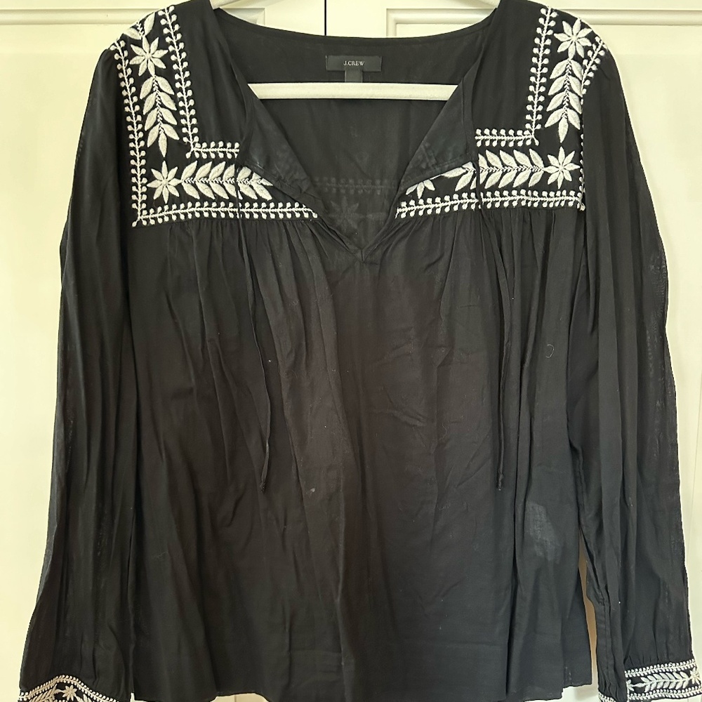 Long Sleeve JCrew Embroidered Tie Neck Top - Black/White